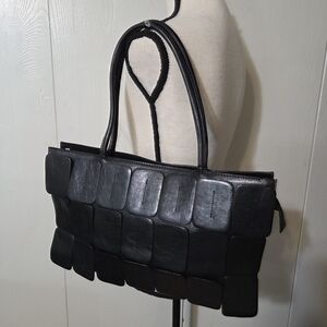 espe black vegan leather modernist cubist tote zip top tourqoise velvet lining